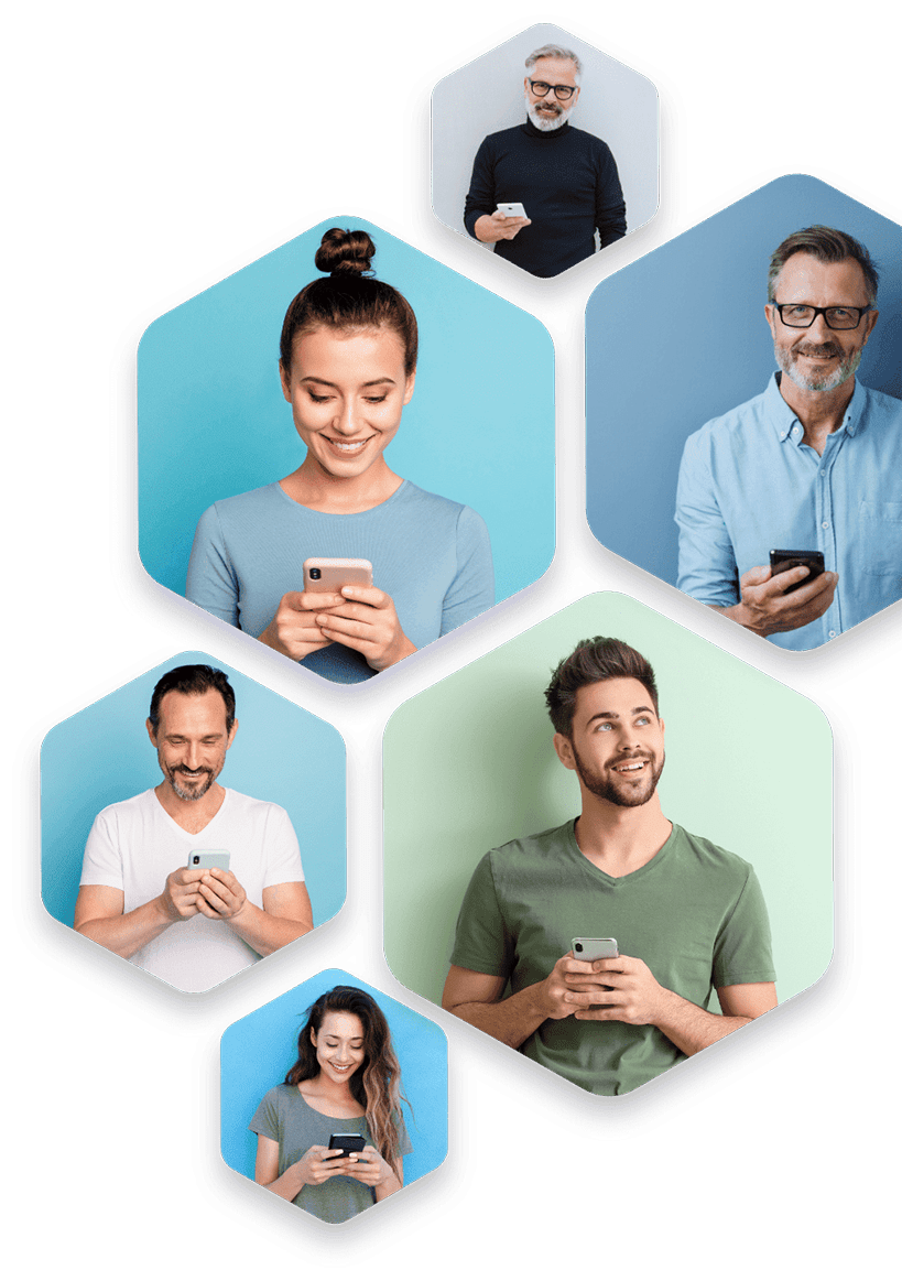 Bilder in Form von Waben von Personen, welche Smartphones bedienen.