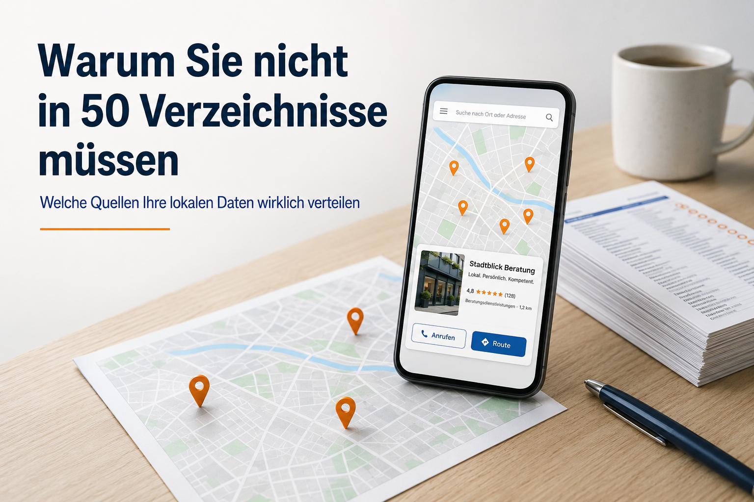 Smartphone mit Kartenansicht und Unternehmensprofil auf einem Schreibtisch, daneben eine gedruckte Karte mit Standortnadeln und ein Stapel Verzeichnisseiten