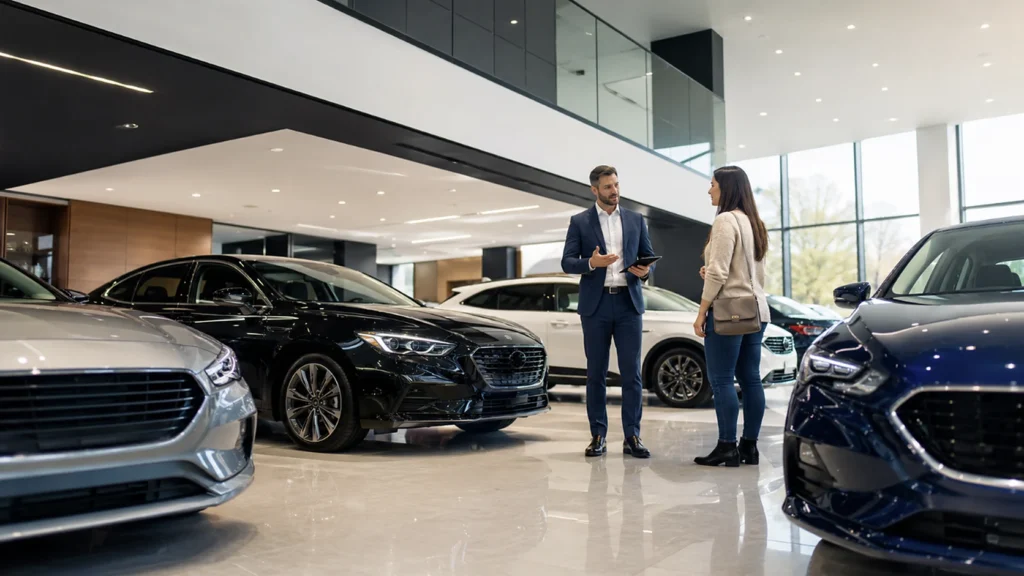 Beratungsgespräch in einem Autohaus zwischen Verkäufer und Kundin
