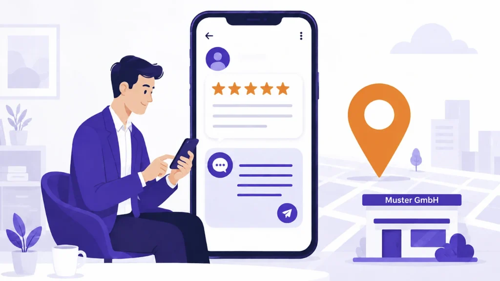 Person beantwortet eine Google-Bewertung am Smartphone, daneben Standort-Pin und Ladengeschäft der Muster GmbH