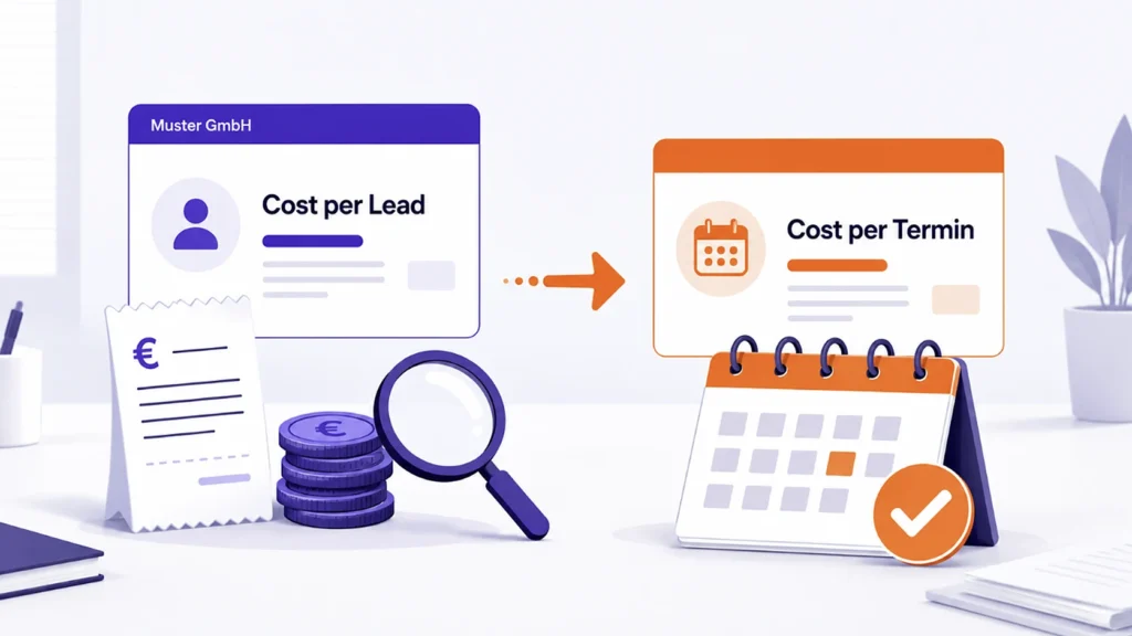 Vergleich von Cost per Lead und Cost per Termin mit Beleg, Münzen, Lupe und Kalender mit Häkchen