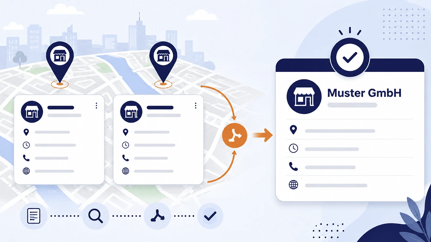 Illustration von doppelten Standortprofilen und Kartenmarkierungen, die zu einem einzigen korrekten Google-Unternehmensprofil zusammengeführt werden.