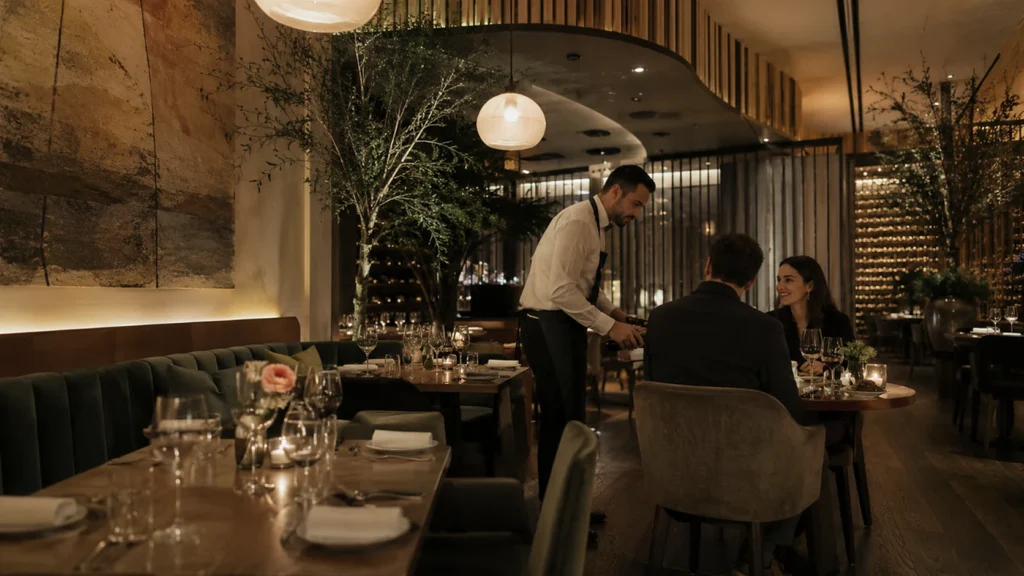 Kellner serviert Wein an einem Tisch in einem stimmungsvollen Restaurant
