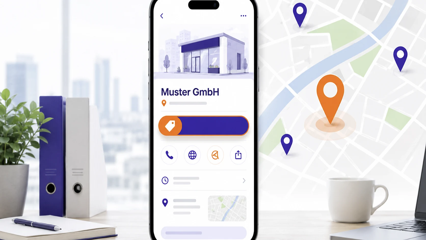Google-Unternehmensprofil der Muster GmbH auf einem Smartphone neben einer Karte mit Standort-Pins