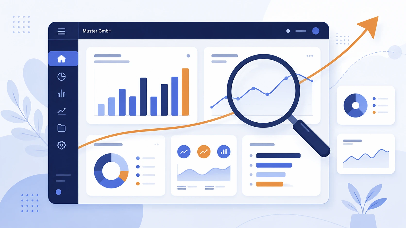 Abstraktes Dashboard mit Balken- und Liniendiagrammen, Lupe und Trendpfeil symbolisieren das Verstehen von Google-Unternehmensprofil-Statistiken.