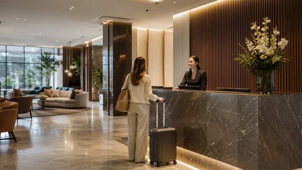 Empfang eines Hotels mit Mitarbeiterin und ankommendem Gast mit Koffer