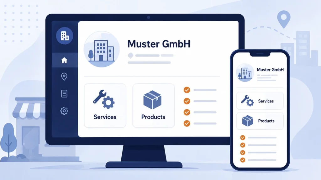 Illustration einer Google-Unternehmensprofil-Karte mit separaten Bereichen für Leistungen und Produkte sowie Checklisten-Symbolik für vollständige Angaben.