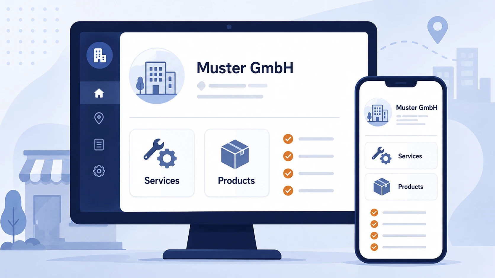 Illustration einer Google-Unternehmensprofil-Karte mit separaten Bereichen für Leistungen und Produkte sowie Checklisten-Symbolik für vollständige Angaben.