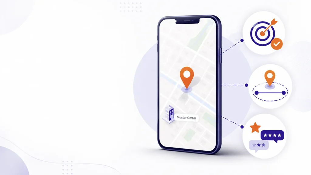 Smartphone mit Kartenansicht und Symbolen für Relevanz, Entfernung und Bekanntheit im Google Map-Pack