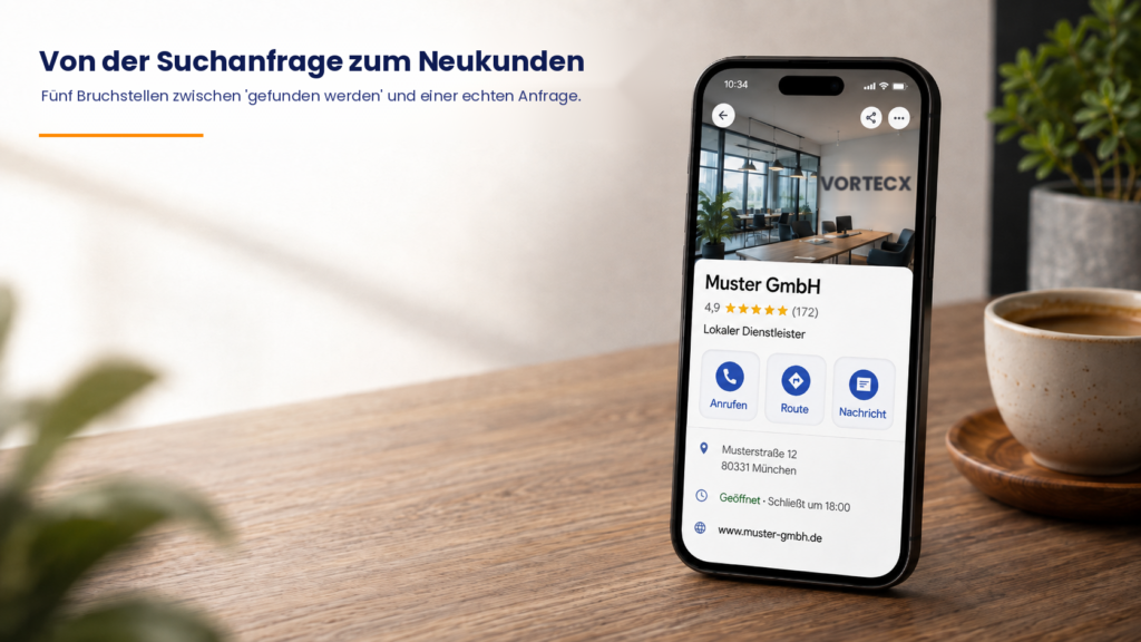 Smartphone zeigt das Google-Unternehmensprofil einer Muster GmbH mit Bewertung, Kontaktoptionen und Adresse auf einem Schreibtisch im Vortecx-Büro