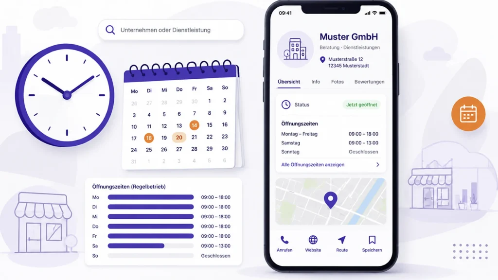 Illustration eines Unternehmensprofils auf dem Smartphone mit Uhr, Kalender und Badge „Jetzt geöffnet“ zum Thema Öffnungszeiten und Sonderöffnungszeiten im Google-Unternehmensprofil.