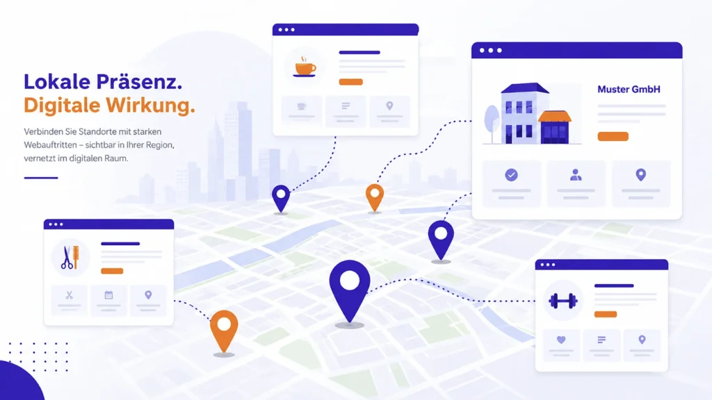 Mehrere Standortseiten eines Unternehmens als Browserfenster über einer Stadtkarte mit Standort-Pins
