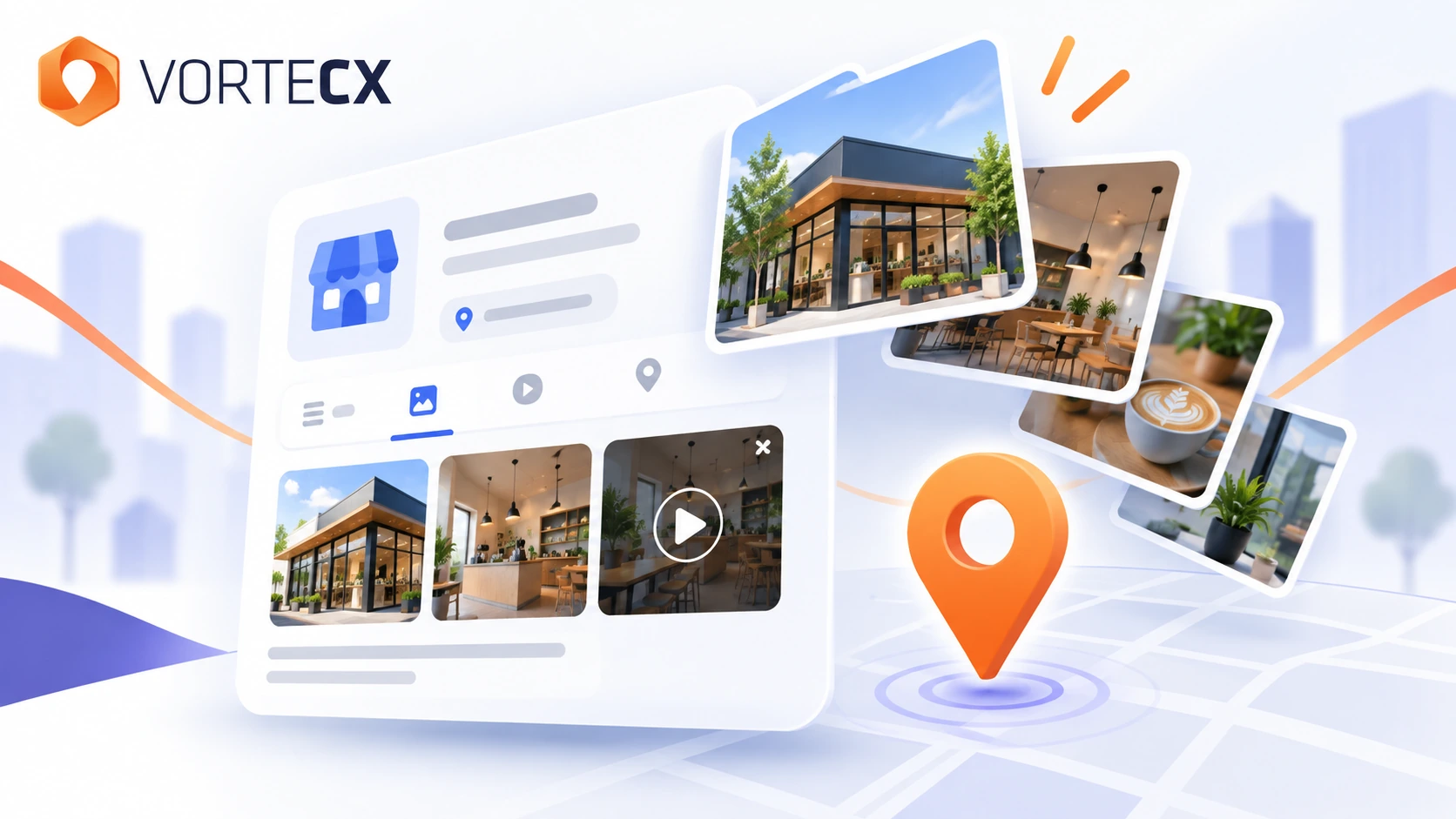 Illustration eines Google-Unternehmensprofils mit Foto-Kacheln, Video-Symbol und Standort-Pin in Dunkelblau und Orange