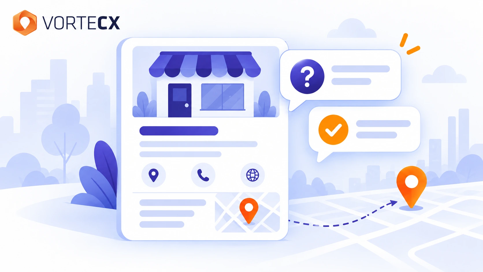 Illustration zur Frage-und-Antwort-Funktion im Google-Unternehmensprofil mit Sprechblasen- und Standort-Symbolik in Vortecx-Farben