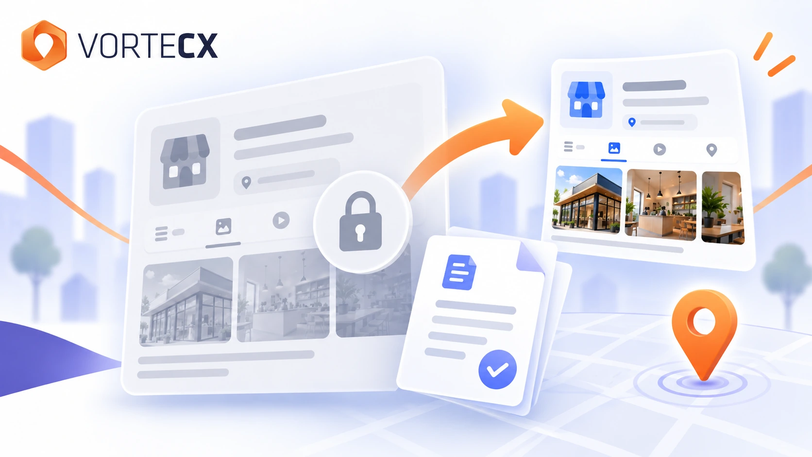 Illustration eines gesperrten und eines wiederhergestellten Google-Unternehmensprofils mit Schloss-Symbol und Nachweisdokument in Dunkelblau und Orange