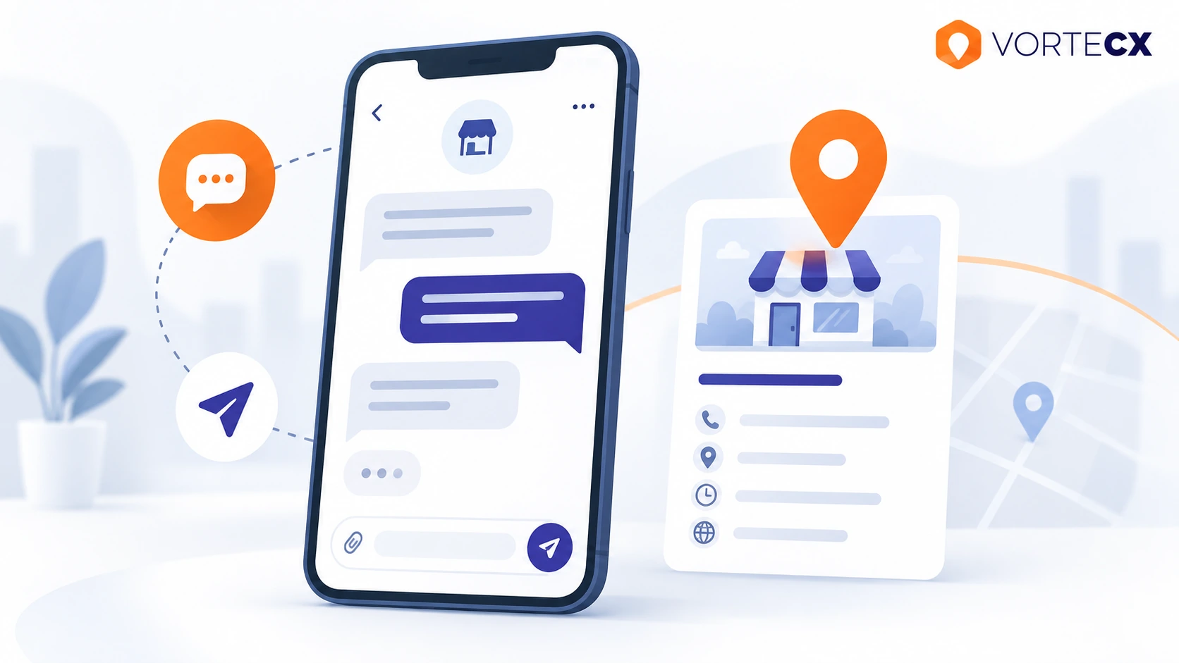 Illustration eines Smartphones mit Chat-Symbolen und Standort-Pin zum Thema Nachrichtenfunktion im Google-Unternehmensprofil