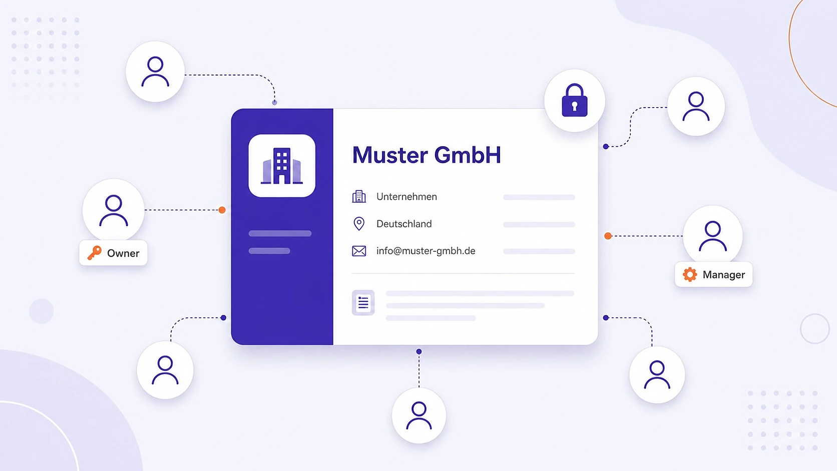 Stilisierte Illustration einer Profilkarte mit verbundenen Nutzer-Icons und Rollen-Badges als Symbol für Zugriffsverwaltung im Google-Unternehmensprofil.