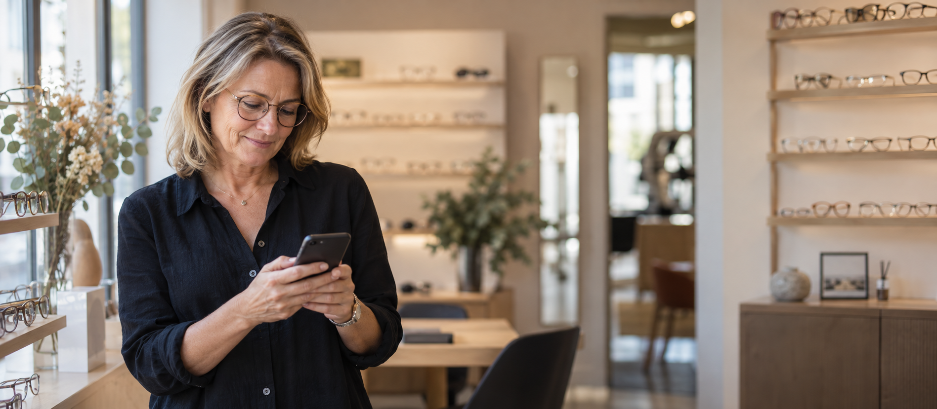 Inhaberin eines Optikfachgeschaefts schaut in ihrem Laden auf ihr Smartphone