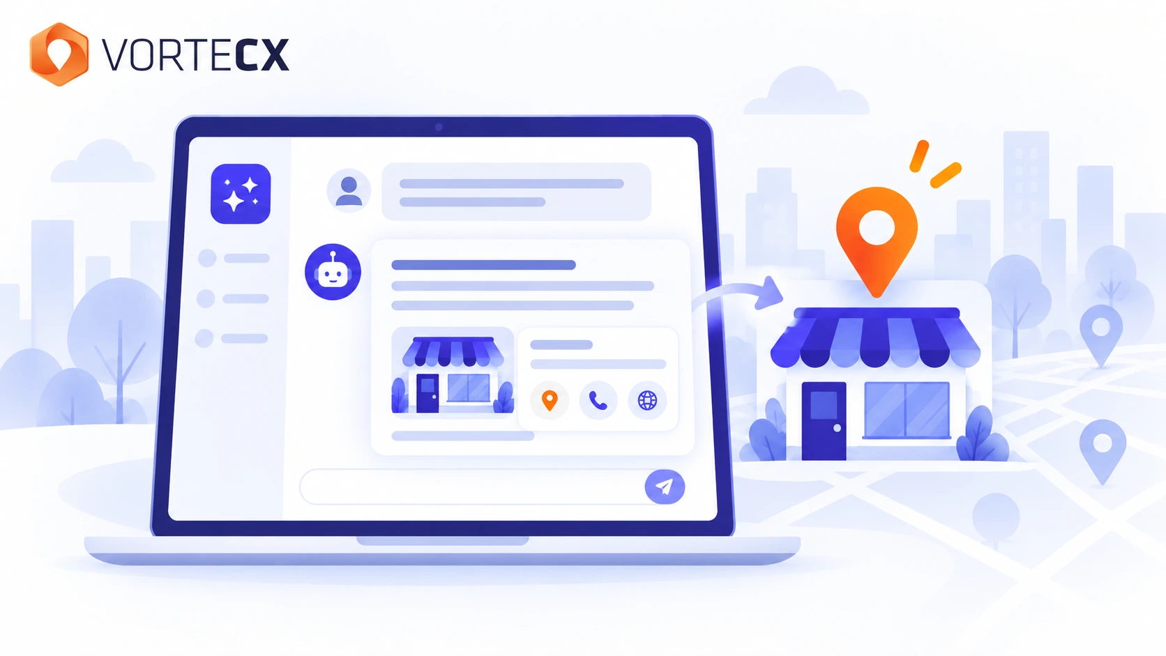 Illustration zu KI-Suchassistenten wie Google AI Overviews, ChatGPT und Perplexity, die lokale Unternehmen empfehlen, mit Vortecx-Logo