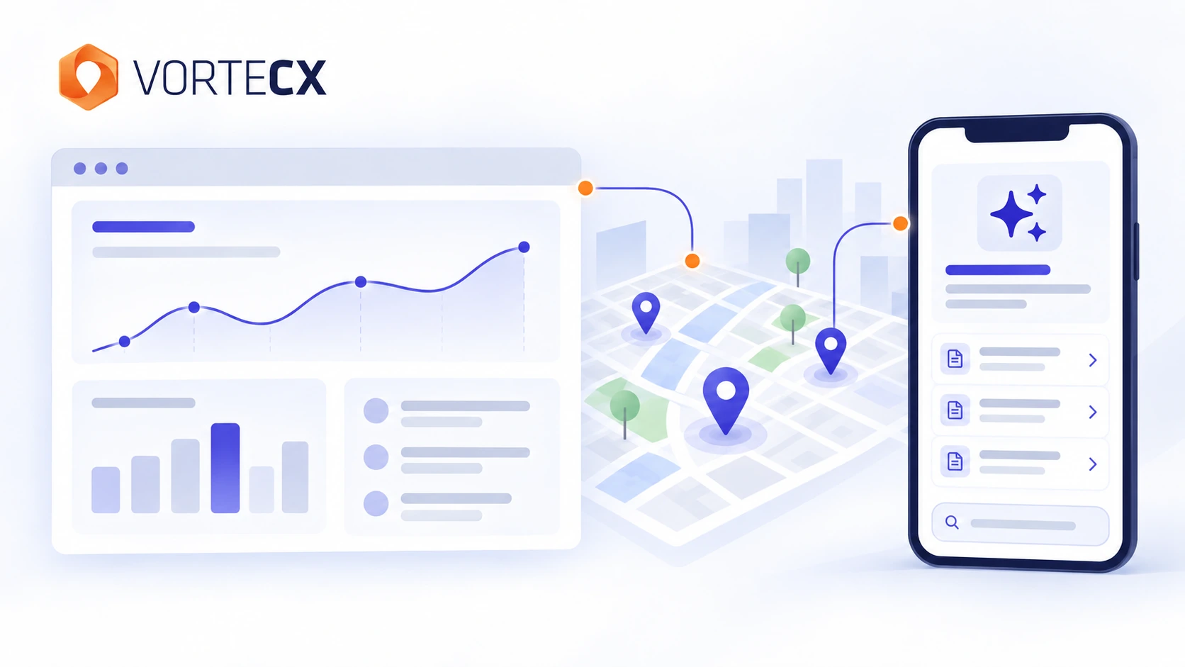 Illustration eines Analyse-Dashboards neben einem Smartphone mit KI-Antwort und einer Karte mit Standort-Pins in Vortecx-Blau und Orange